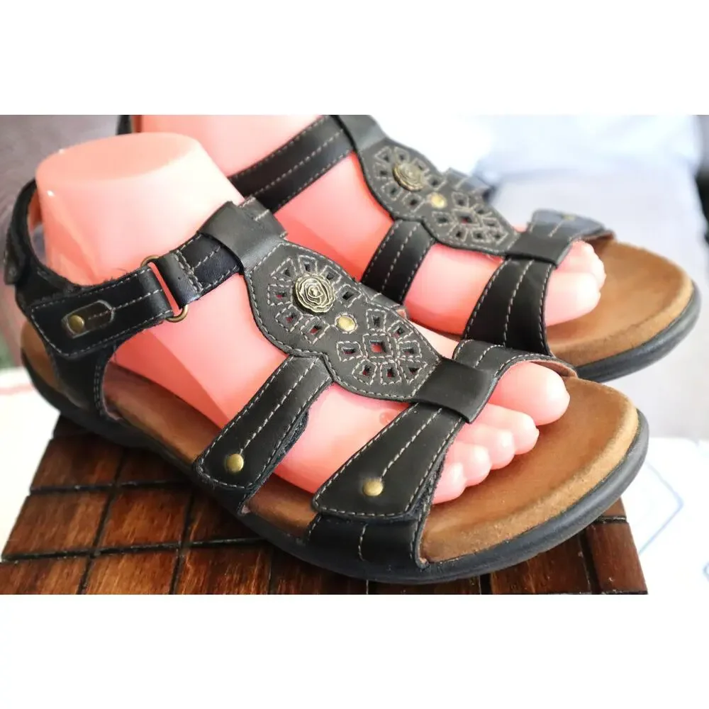 Cobb Hill New Balance Black Rev Lite Leather Sandal Womens 9M Hook and Loop Open